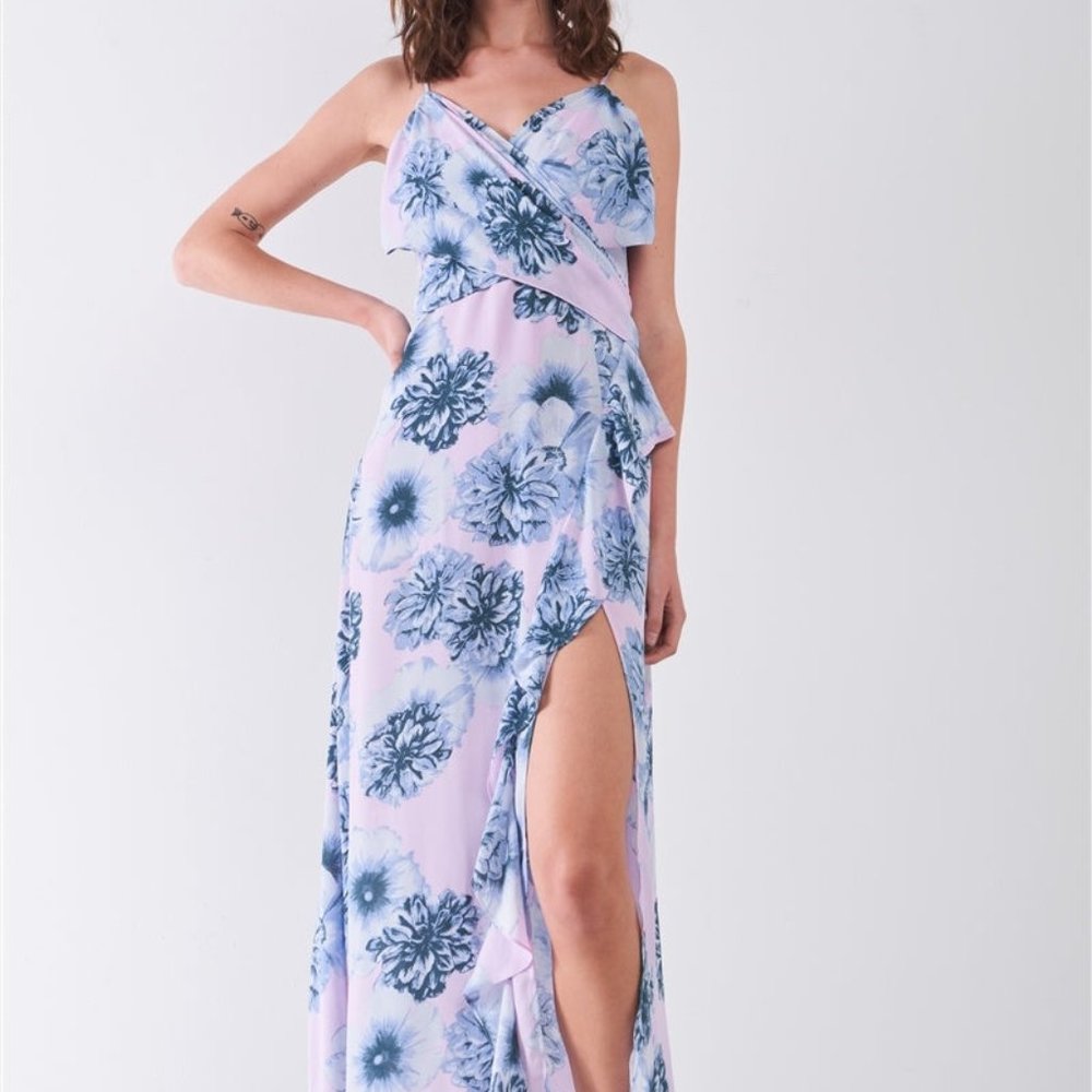 Beautiful Blue Pink Floral Print Sleeveless Self-tie Wide Wrap Midi Dress NWT